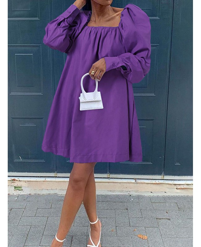 Women Pure Color Square Collar Lamb Sleeves Casual Pleated Mini Dresses - Black S