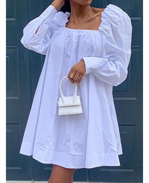 Women Pure Color Square Collar Lamb Sleeves Casual...