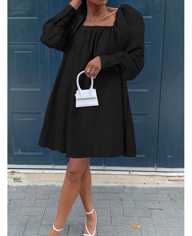 Women Pure Color Square Collar Lamb Sleeves Casual Pleated Mini Dresses - Black S