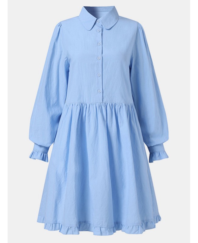 Women Solid Color Doll Collar Button Ruffle Hem Long Sleeve Mini Dress With Pocket - Black 5XL