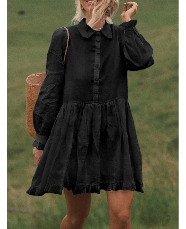 Women Solid Color Doll Collar Button Ruffle Hem Long Sleeve Mini Dress With Pocket - Black 5XL