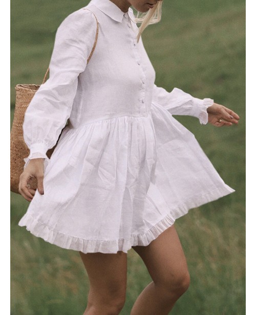 Women Solid Color Doll Collar Button Ruffle Hem Lo...