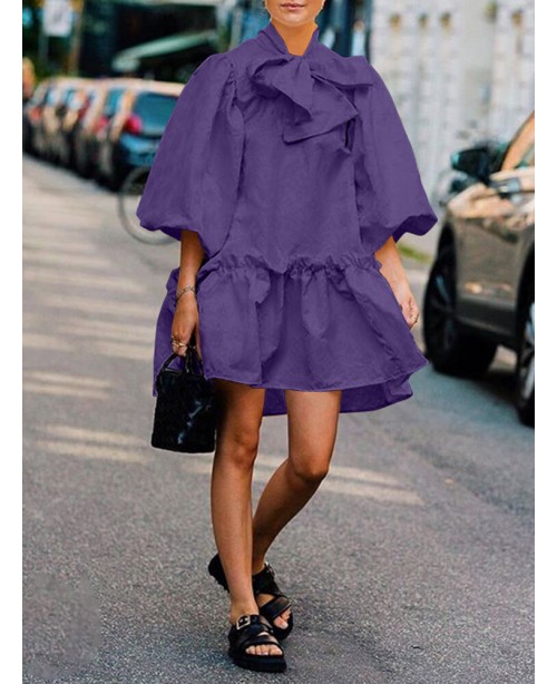 Women Bow Collar Puff Sleeve Ruffle Hem Pleated St...