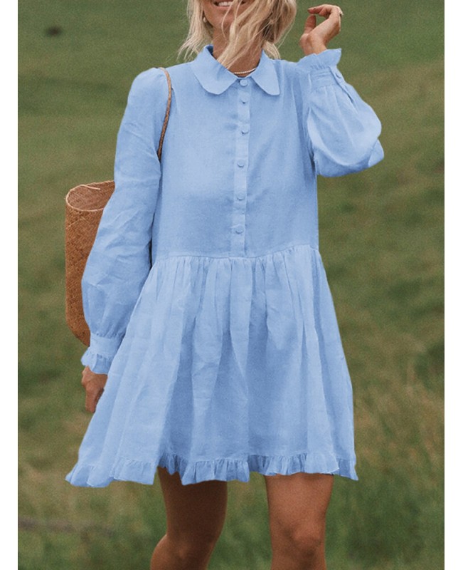 Women Solid Color Doll Collar Button Ruffle Hem Long Sleeve Mini Dress With Pocket - Black 5XL