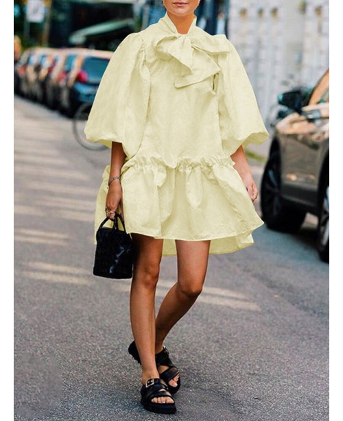 Women Bow Collar Puff Sleeve Ruffle Hem Pleated St...