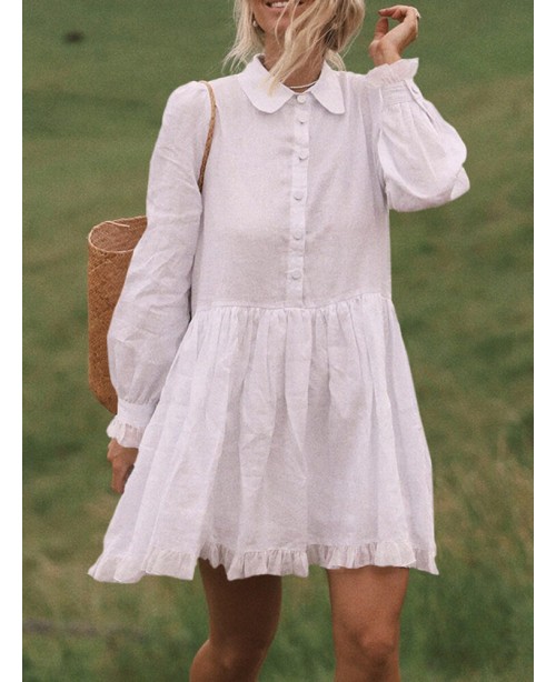 Women Solid Color Doll Collar Button Ruffle Hem Lo...