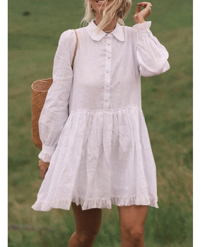 Women Solid Color Doll Collar Button Ruffle Hem Long Sleeve Mini Dress With Pocket - Black 5XL