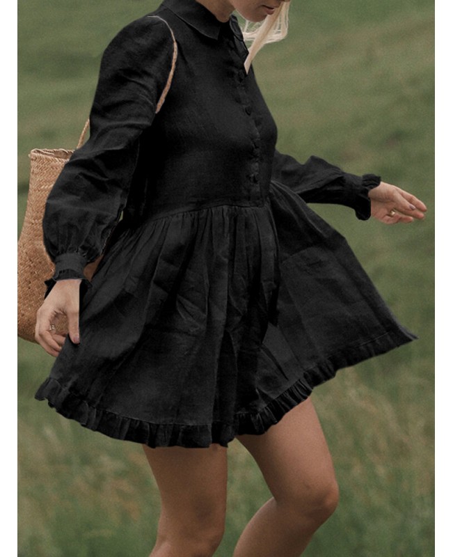 Women Solid Color Doll Collar Button Ruffle Hem Long Sleeve Mini Dress With Pocket - Black 5XL