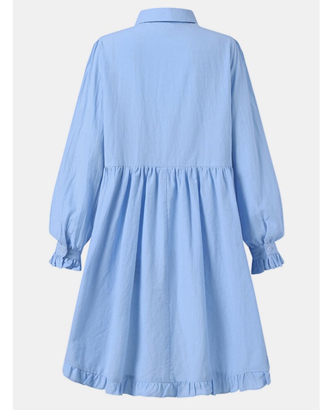 Women Solid Color Doll Collar Button Ruffle Hem Long Sleeve Mini Dress With Pocket - Black 5XL