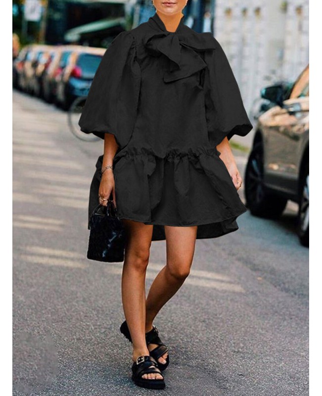 Women Bow Collar Puff Sleeve Ruffle Hem Pleated Stitching Short Doll Dress - Black 2XL