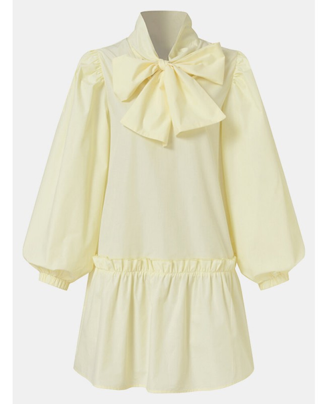 Women Bow Collar Puff Sleeve Ruffle Hem Pleated Stitching Short Doll Dress - Black 2XL