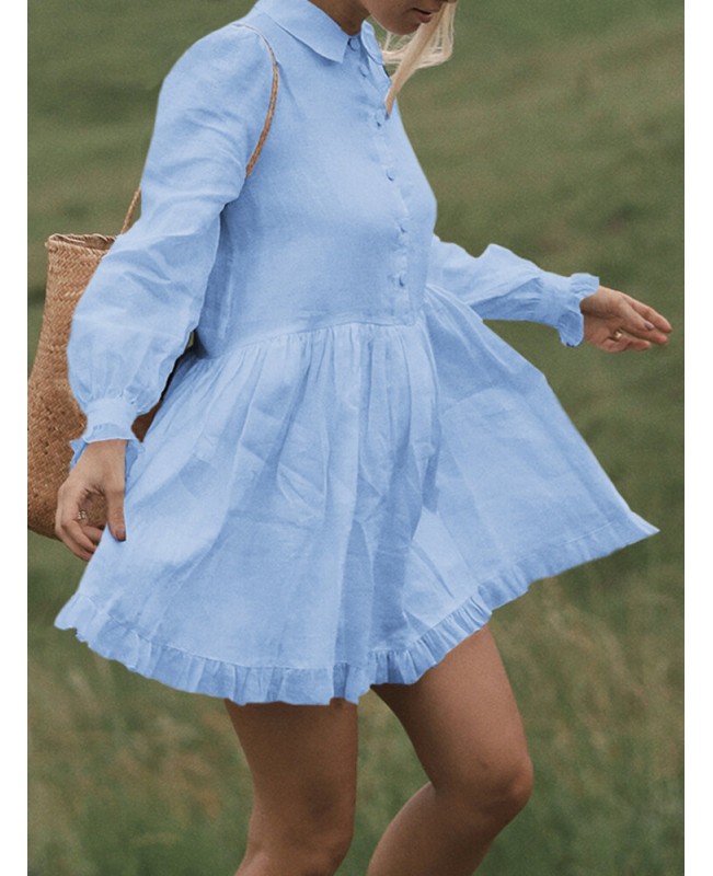 Women Solid Color Doll Collar Button Ruffle Hem Long Sleeve Mini Dress With Pocket - Black 5XL