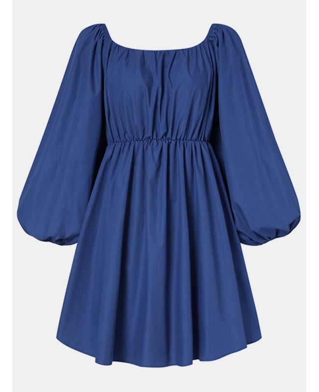 Women Pure Color Square Neck Pleated Casual Puff Sleeve Mini Dresses - Black M