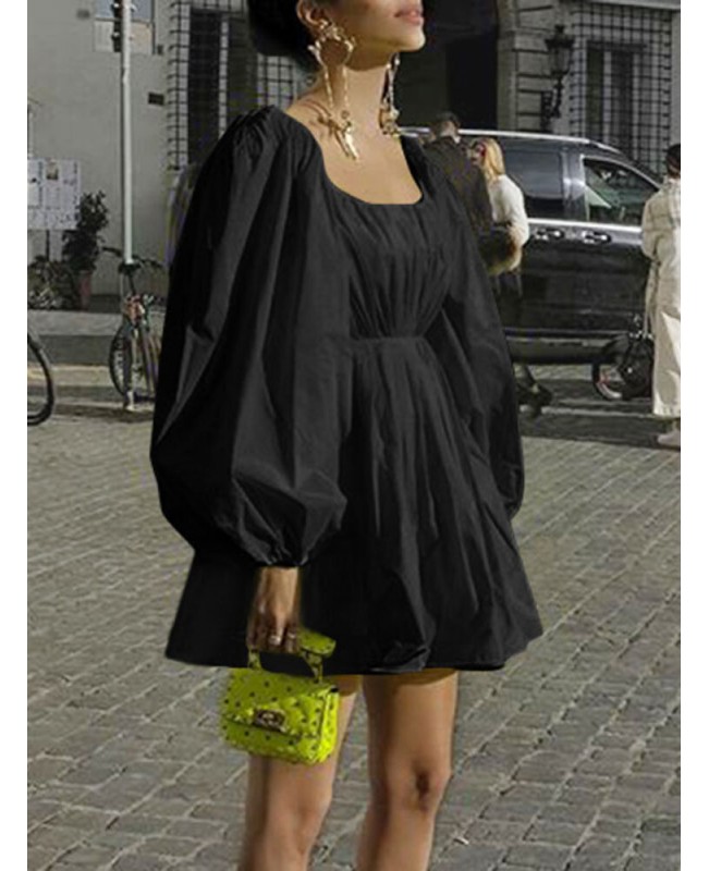 Women Pure Color Square Neck Pleated Casual Puff Sleeve Mini Dresses - Black M