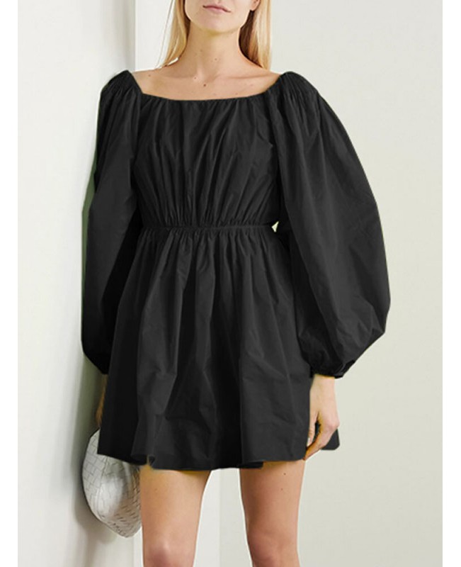Women Pure Color Square Neck Pleated Casual Puff Sleeve Mini Dresses - Black M