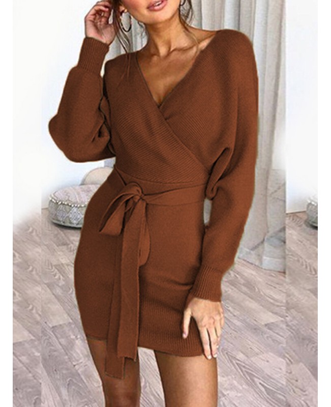 Women Solid Color V-neck Long Sleeves Backless Mini Dress - Brown M