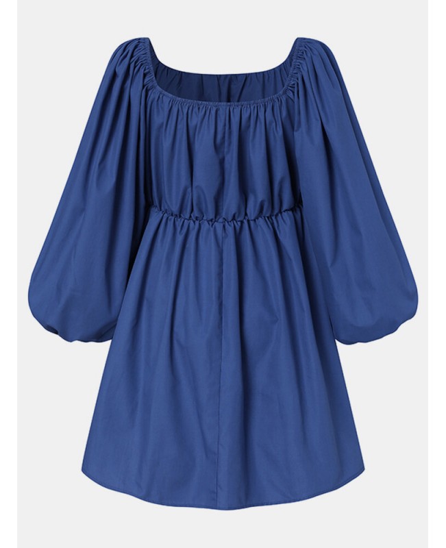 Women Pure Color Square Neck Pleated Casual Puff Sleeve Mini Dresses - Black M