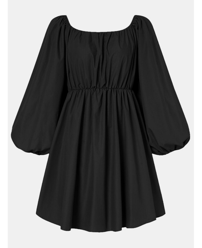 Women Pure Color Square Neck Pleated Casual Puff Sleeve Mini Dresses - Black M