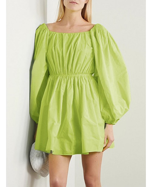 Women Pure Color Square Neck Pleated Casual Puff S...