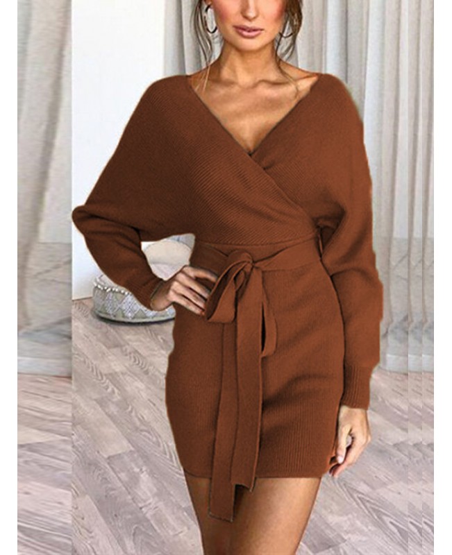 Women Solid Color V-neck Long Sleeves Backless Mini Dress - Brown M