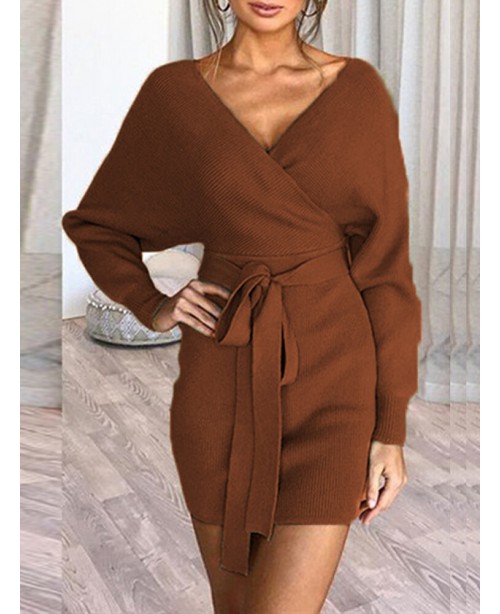 Women Solid Color V-neck Long Sleeves Backless Min...