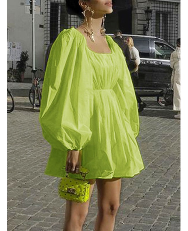 Women Pure Color Square Neck Pleated Casual Puff Sleeve Mini Dresses - Black M