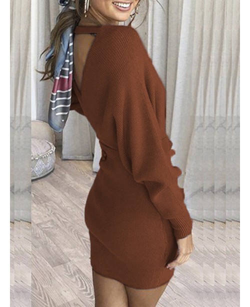 Women Solid Color V-neck Long Sleeves Backless Min...