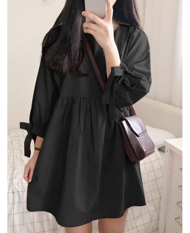 Women Solid Color Pleating Knotted 3/4 Sleeve O-Neck Casual Daily Loose Mini Dress - Black S