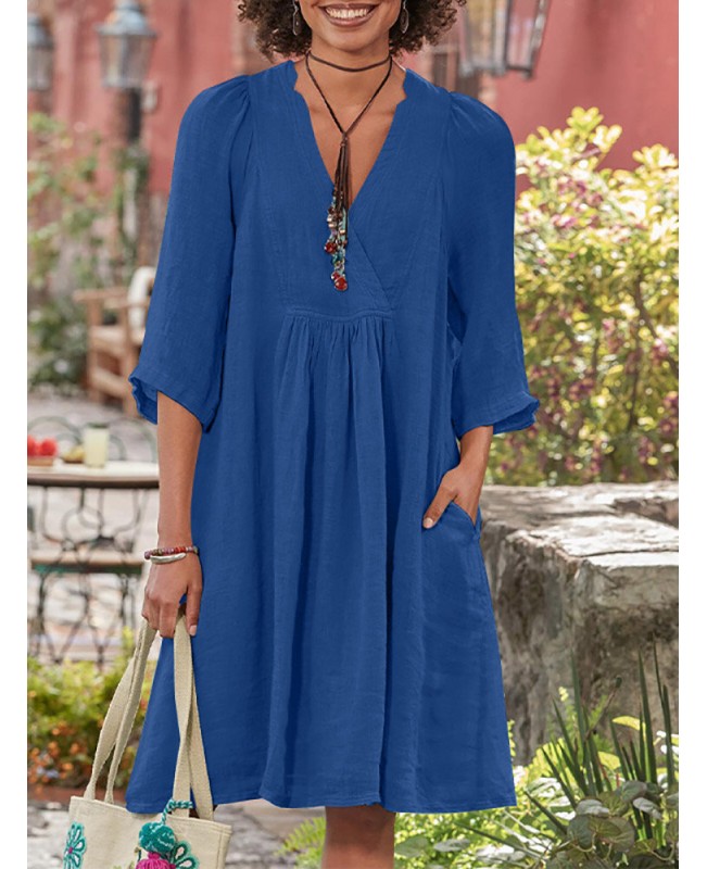 Solid Pocket V-neck 3/4 Sleeve Vintage Dress - Green S