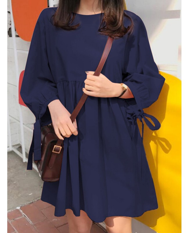 Women Solid Color Pleating Knotted 3/4 Sleeve O-Neck Casual Daily Loose Mini Dress - Black S