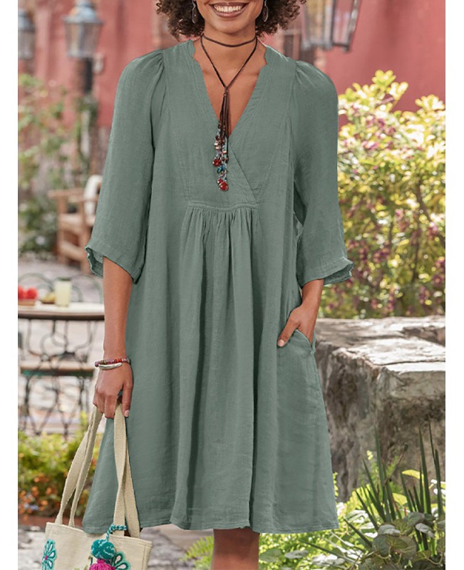 Solid Pocket V-neck 3/4 Sleeve Vintage Dress - Green S