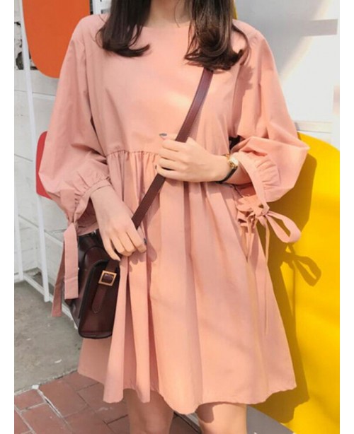 Women Solid Color Pleating Knotted 3/4 Sleeve O-Ne...