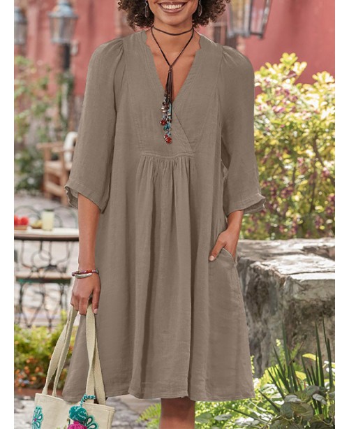 Solid Pocket V-neck 3/4 Sleeve Vintage Dress - Gre...