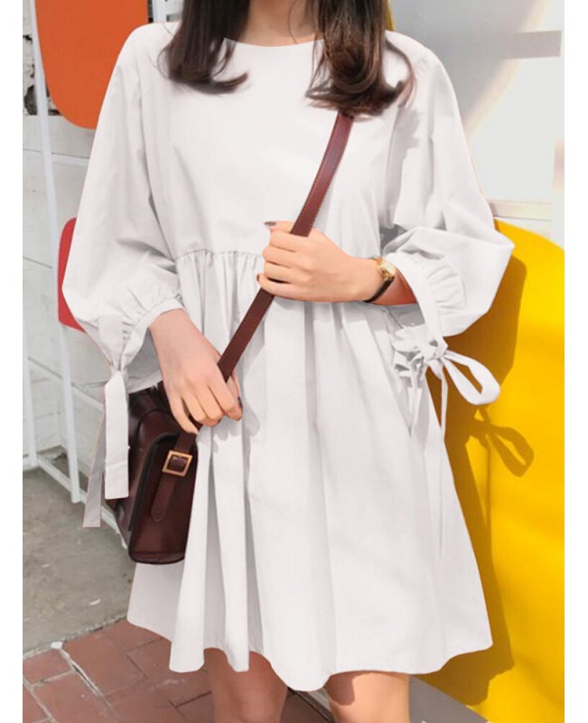 Women Solid Color Pleating Knotted 3/4 Sleeve O-Neck Casual Daily Loose Mini Dress - Black S