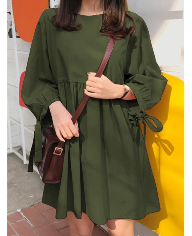 Women Solid Color Pleating Knotted 3/4 Sleeve O-Neck Casual Daily Loose Mini Dress - Black S