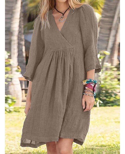 Solid Pocket V-neck 3/4 Sleeve Vintage Dress - Gre...
