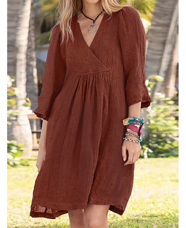 Solid Pocket V-neck 3/4 Sleeve Vintage Dress - Green S