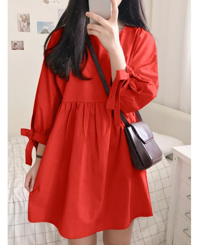 Women Solid Color Pleating Knotted 3/4 Sleeve O-Neck Casual Daily Loose Mini Dress - Black S