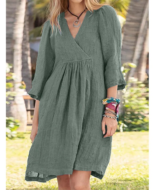 Solid Pocket V-neck 3/4 Sleeve Vintage Dress - Green S