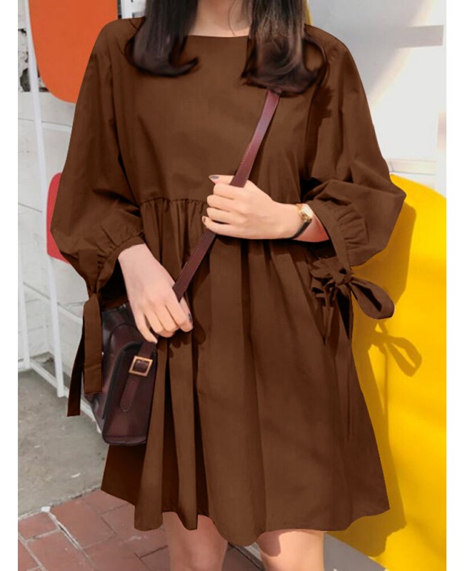 Women Solid Color Pleating Knotted 3/4 Sleeve O-Neck Casual Daily Loose Mini Dress - Black S