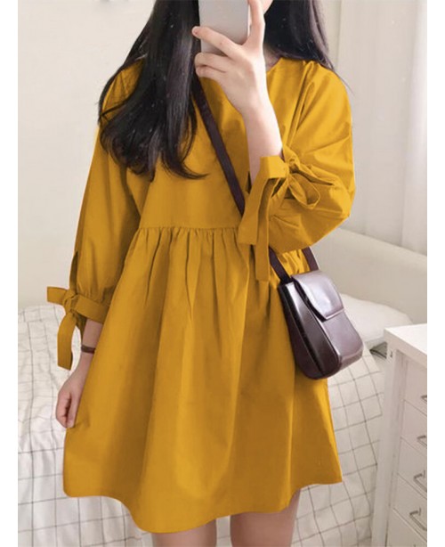 Women Solid Color Pleating Knotted 3/4 Sleeve O-Ne...