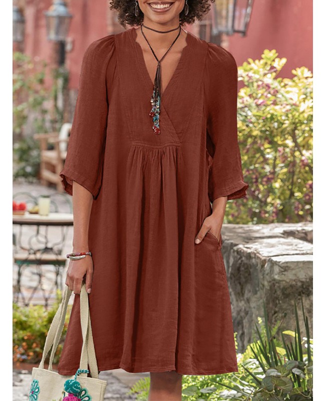Solid Pocket V-neck 3/4 Sleeve Vintage Dress - Green S
