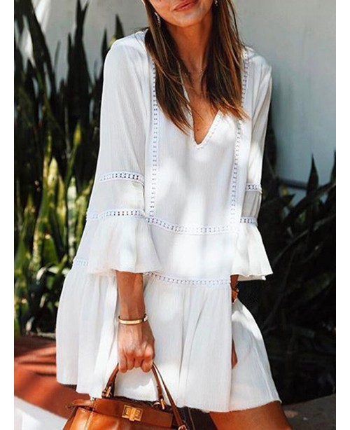 Lace Patchwork V-Neck 3/4 Sleeve Solid Color Holid...