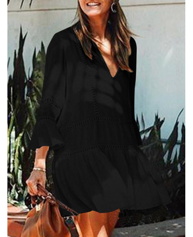 Lace Patchwork V-Neck 3/4 Sleeve Solid Color Holiday Hollow Out Casual Mini Women Dress - Black S