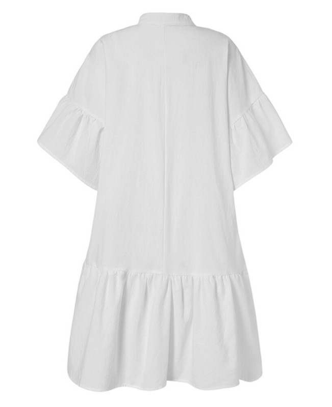 Women Petal Sleeve Irregular Ruffle Hem Pleated Button Casual Mini Dress - Black S