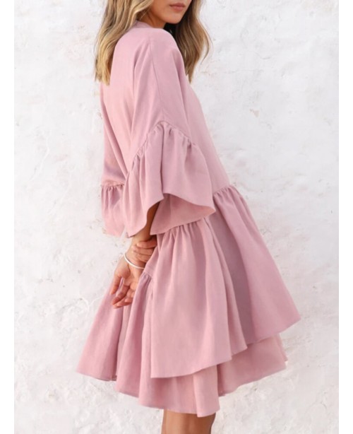 Women Petal Sleeve Irregular Ruffle Hem Pleated Bu...