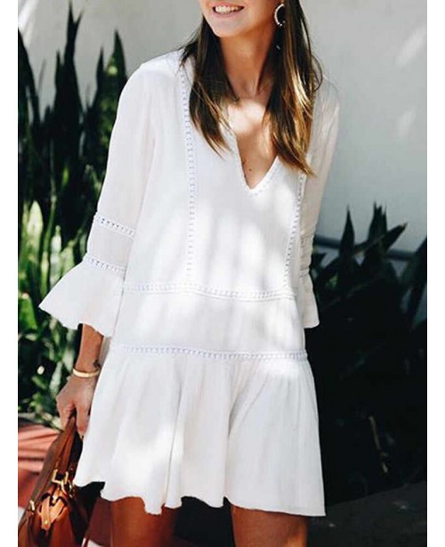 Lace Patchwork V-Neck 3/4 Sleeve Solid Color Holid...
