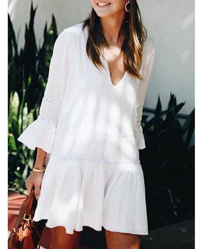 Lace Patchwork V-Neck 3/4 Sleeve Solid Color Holiday Hollow Out Casual Mini Women Dress - Black S