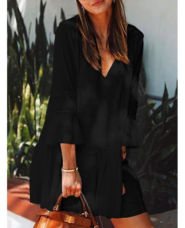 Lace Patchwork V-Neck 3/4 Sleeve Solid Color Holiday Hollow Out Casual Mini Women Dress - Black S