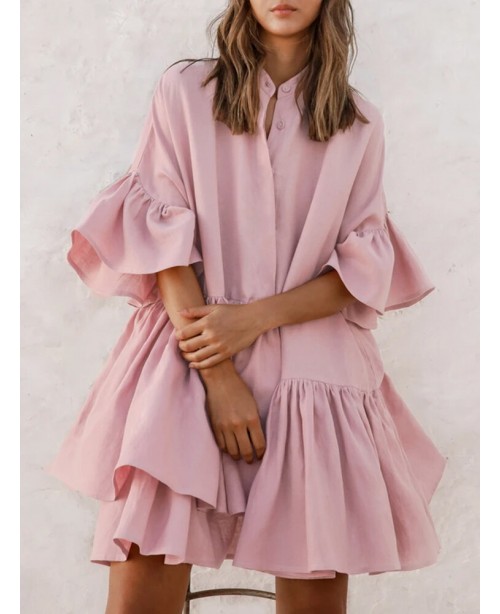 Women Petal Sleeve Irregular Ruffle Hem Pleated Bu...